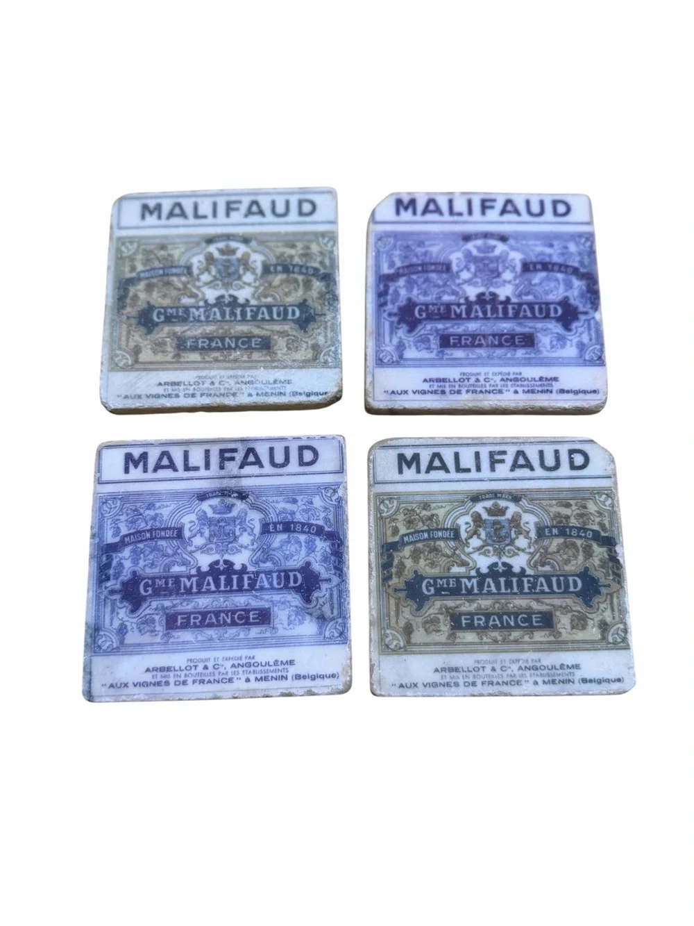 Vintage Malifaud Ceramic Coasters in White, Blue, Gold Tones